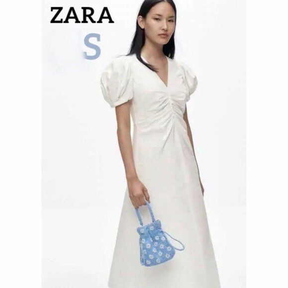 ZARA Ruched Front Puff Sleeve Dress White Womens Large Coastal Rustic Boho Midi - Picture 1 of 7